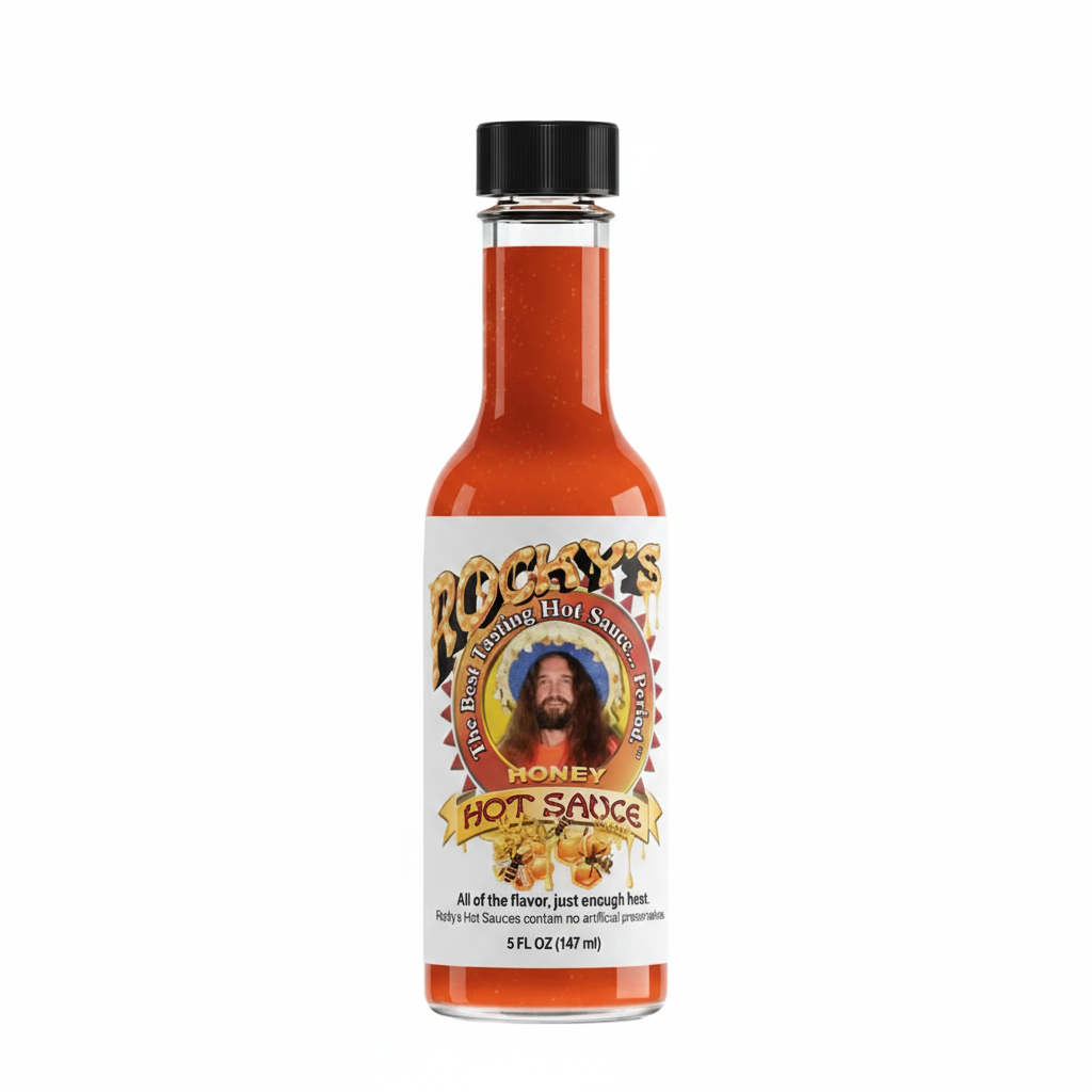 Bottle of Rocky's Honey Hot Sauce on a white background