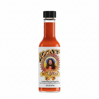 Bottle of Rocky's Honey Hot Sauce on a white background