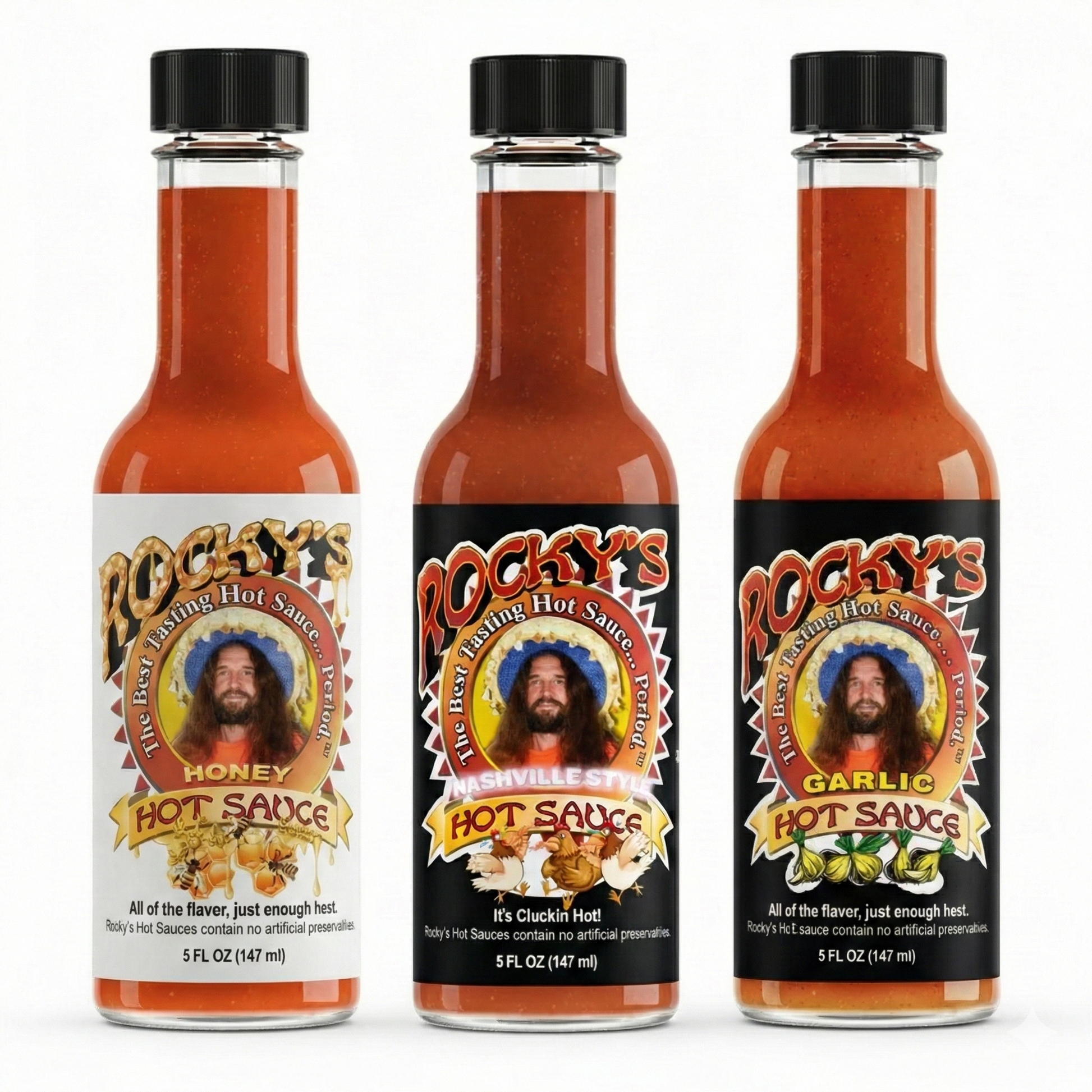 Three bottles of Rocky's Hot Sauce with labels on a white background
