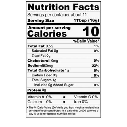 Nutrition facts label for Rosie's Cayenne Pepper Hot Sauce