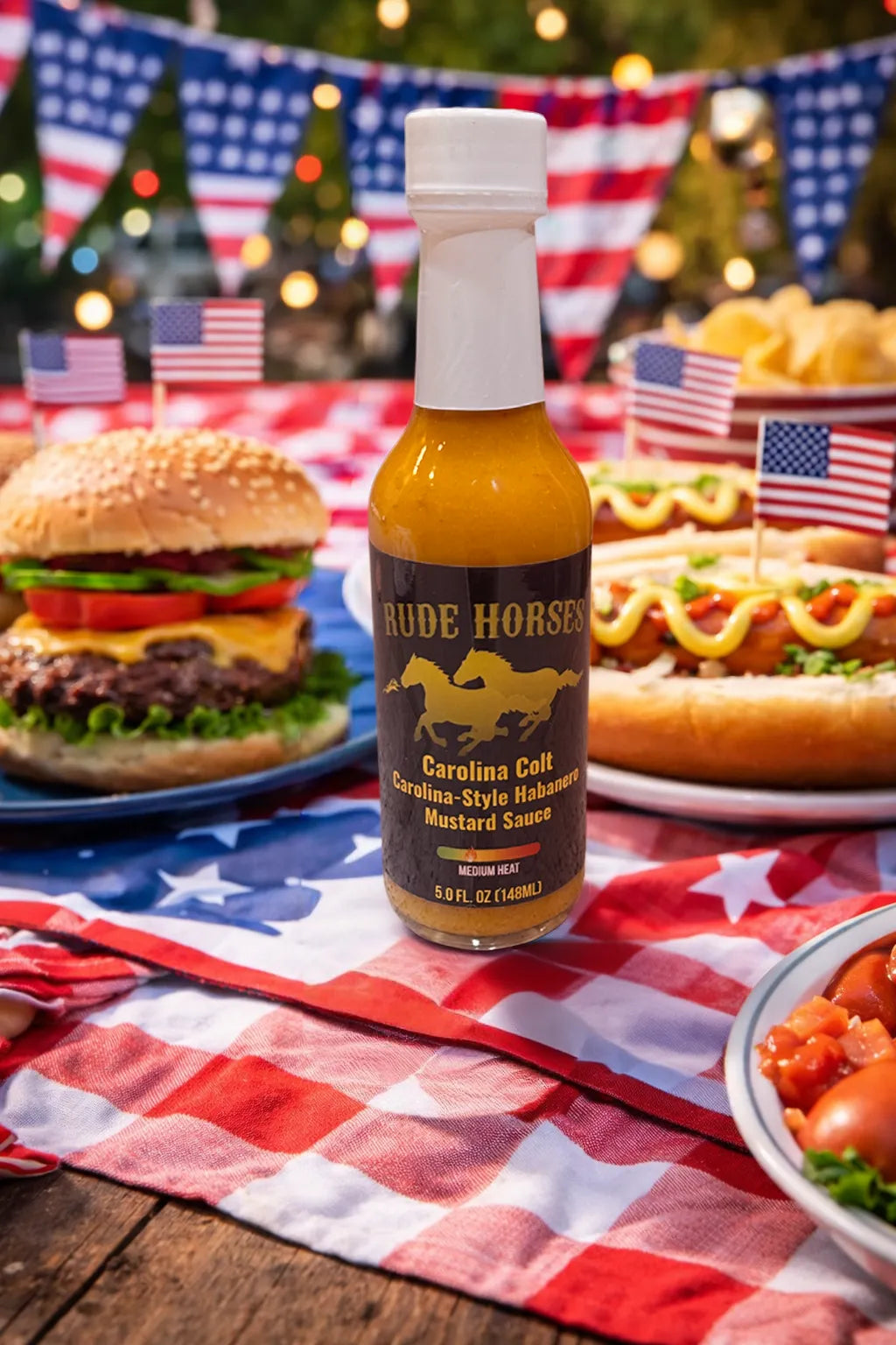 Bottle of 'Rude Horses' Carolina Gold mustard sauce on a table with burgers and hot dogs, decorated with American flags.