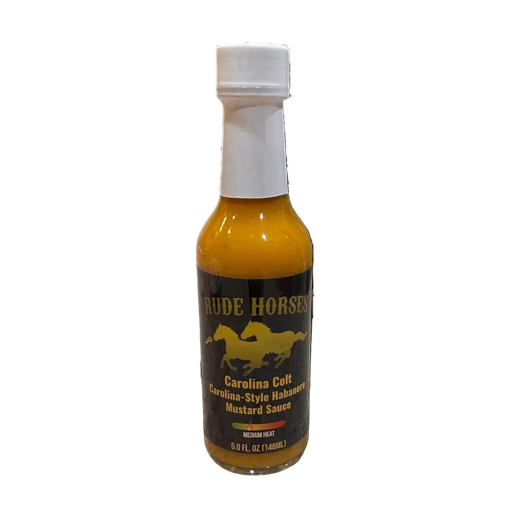 Bottle of Rude Horses Carolina Style Mustard Sauce on a white background