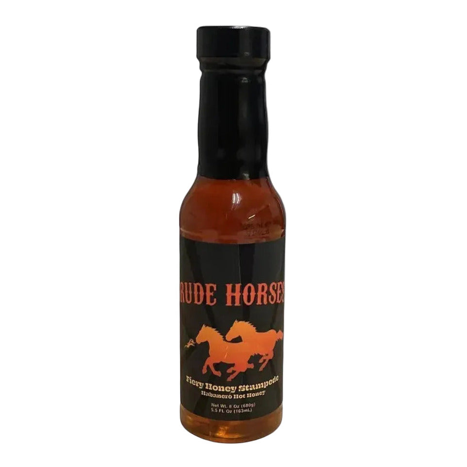 Bottle of 'Rude Horses' hot sauce on a white background