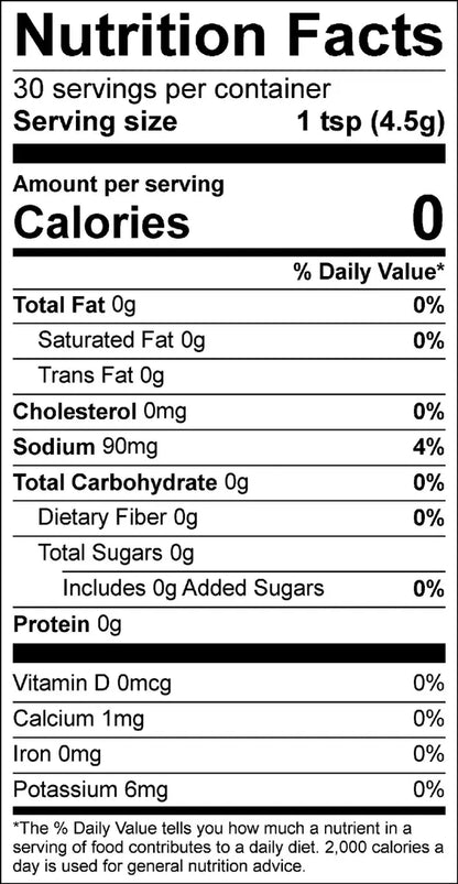 Nutrition facts label for a product with 0 calories per serving