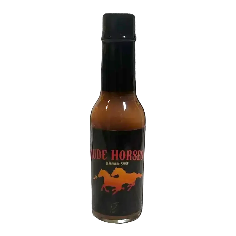 Hot sauce bottle with black cap and label featuring 'Rude Horses' branding on a white background