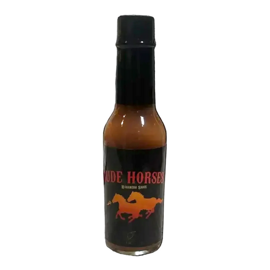 Hot sauce bottle with black cap and label featuring 'Rude Horses' branding on a white background