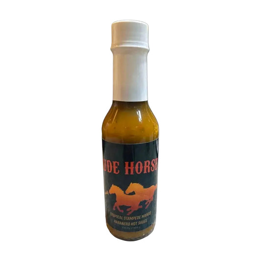 Bottle of 'Rude Horse' hot sauce on a white background