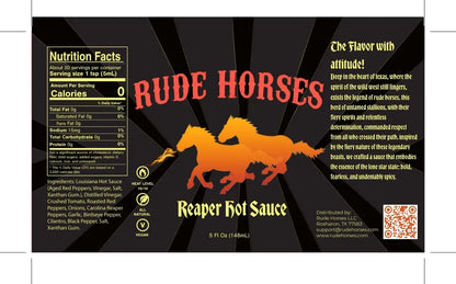 Hot sauce label for 'Rude Horses Reaper Hot Sauce' with orange horses and black background