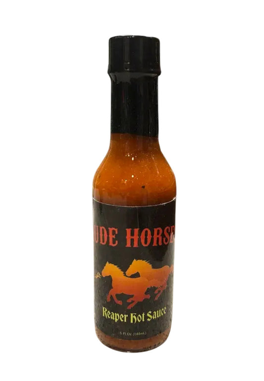 Bottle of Ride Horse Reaper Hot Sauce on a white background