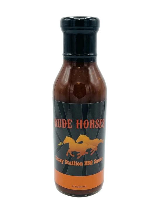 Bottle of 'Rude Horses' BBQ Sauce with a black and orange label on a white background