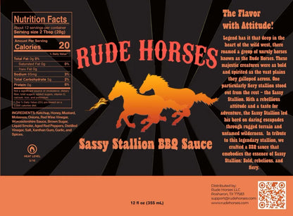 Rude Horses Sassy Stallion BBQ Sauce label with orange horses and black background