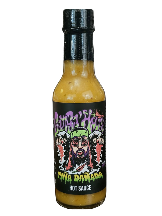 Bottle of hot sauce with a colorful label on a white background