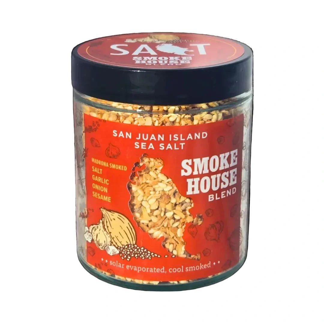 Jar of San Juan Island Sea Salt Smoke House Blend on a white background