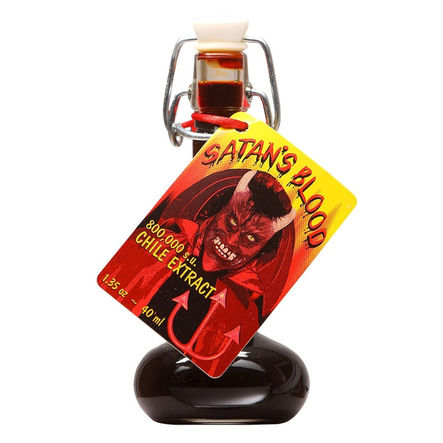 Bottle of Satan's Blood chili extract with a red label featuring a devil's face on a white background.