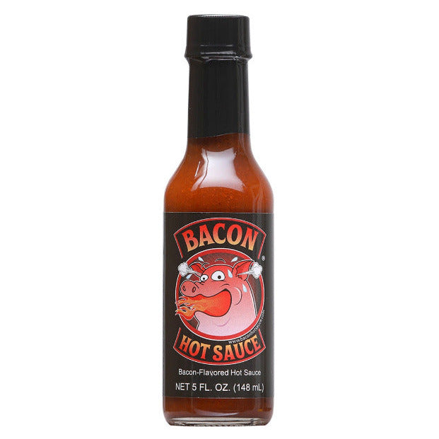 Bottle of Sauce Crafters Bacon Hot Sauce with a cartoon pig on the label against a white background