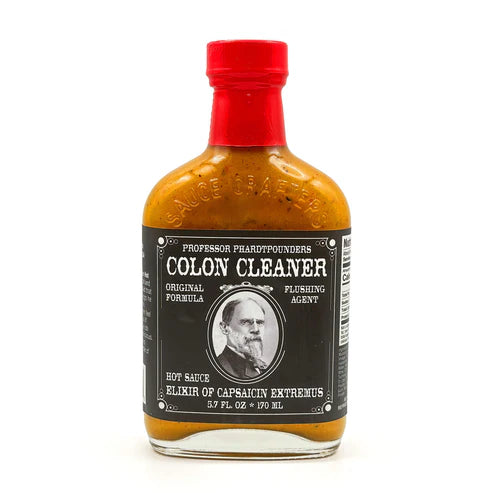 Hot sauce bottle labeled 'Professor Phardipounders Colon Cleaner' on a white background