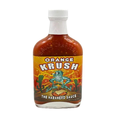 Bottle of Orange Krush habanero sauce on a white background