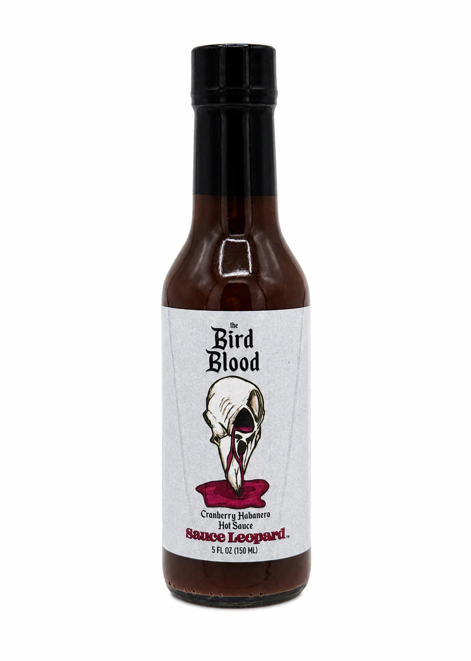 A bottle of Bird Blood Sauce Leopard hot sauce with a white label featuring a skull illustration and red sauce visible at the bottom, set against a plain white background.