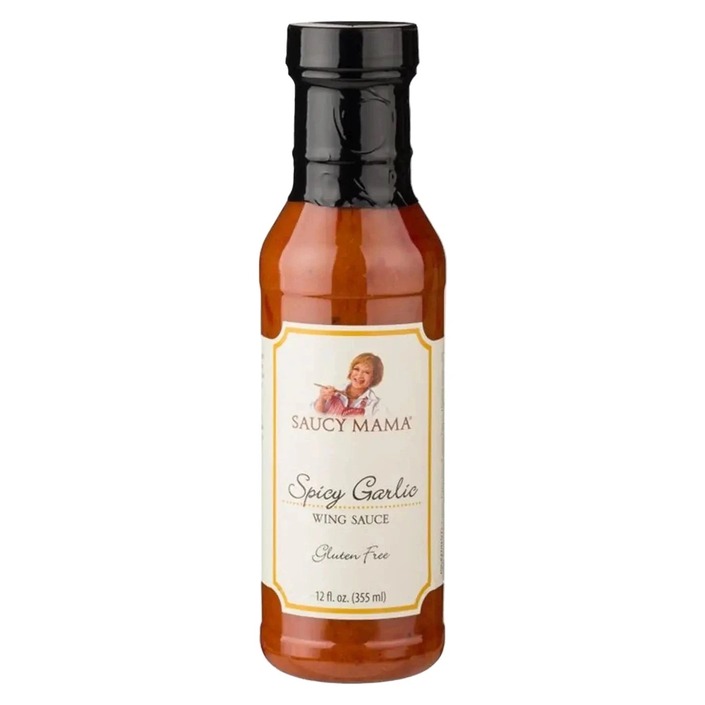 Bottle of Saucy Mama Spicy Garlic Wing Sauce on a white background