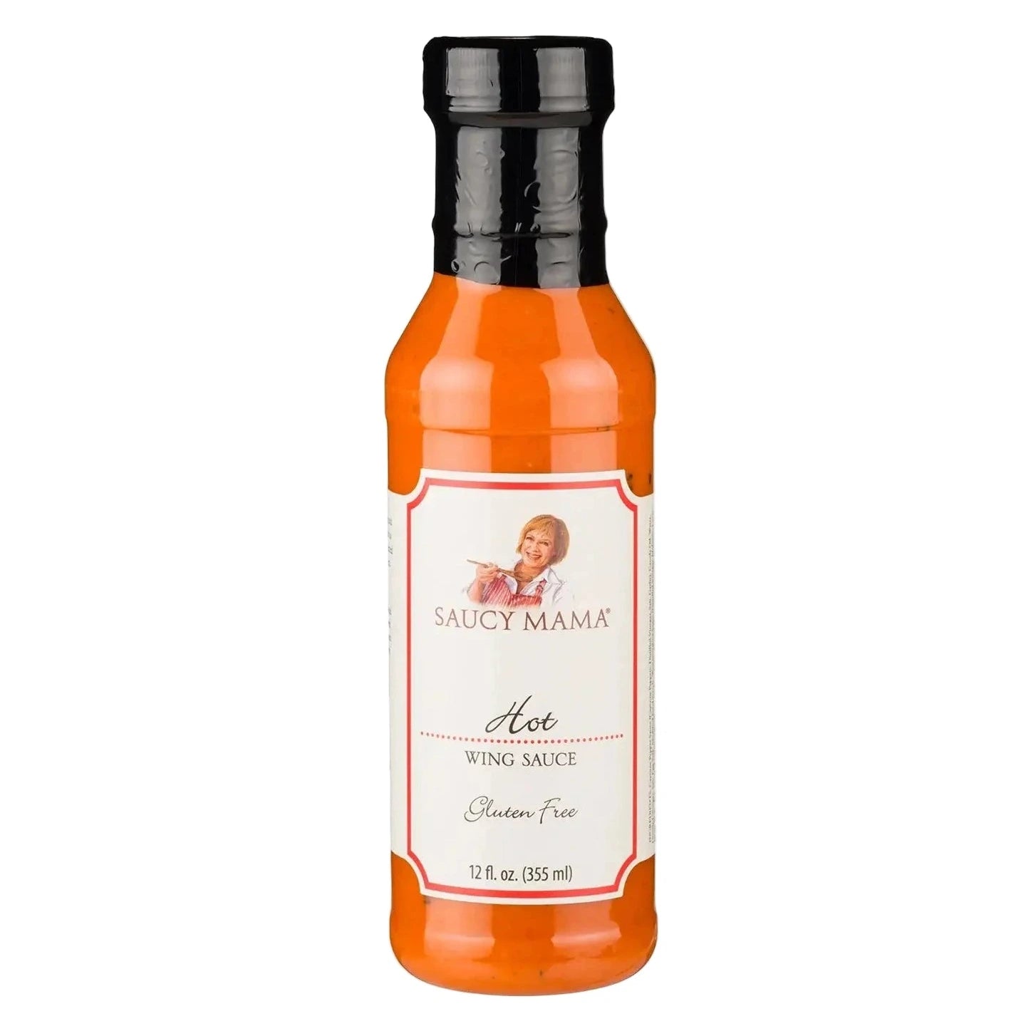 Bottle of Saucy Mama hot wing sauce on a white background