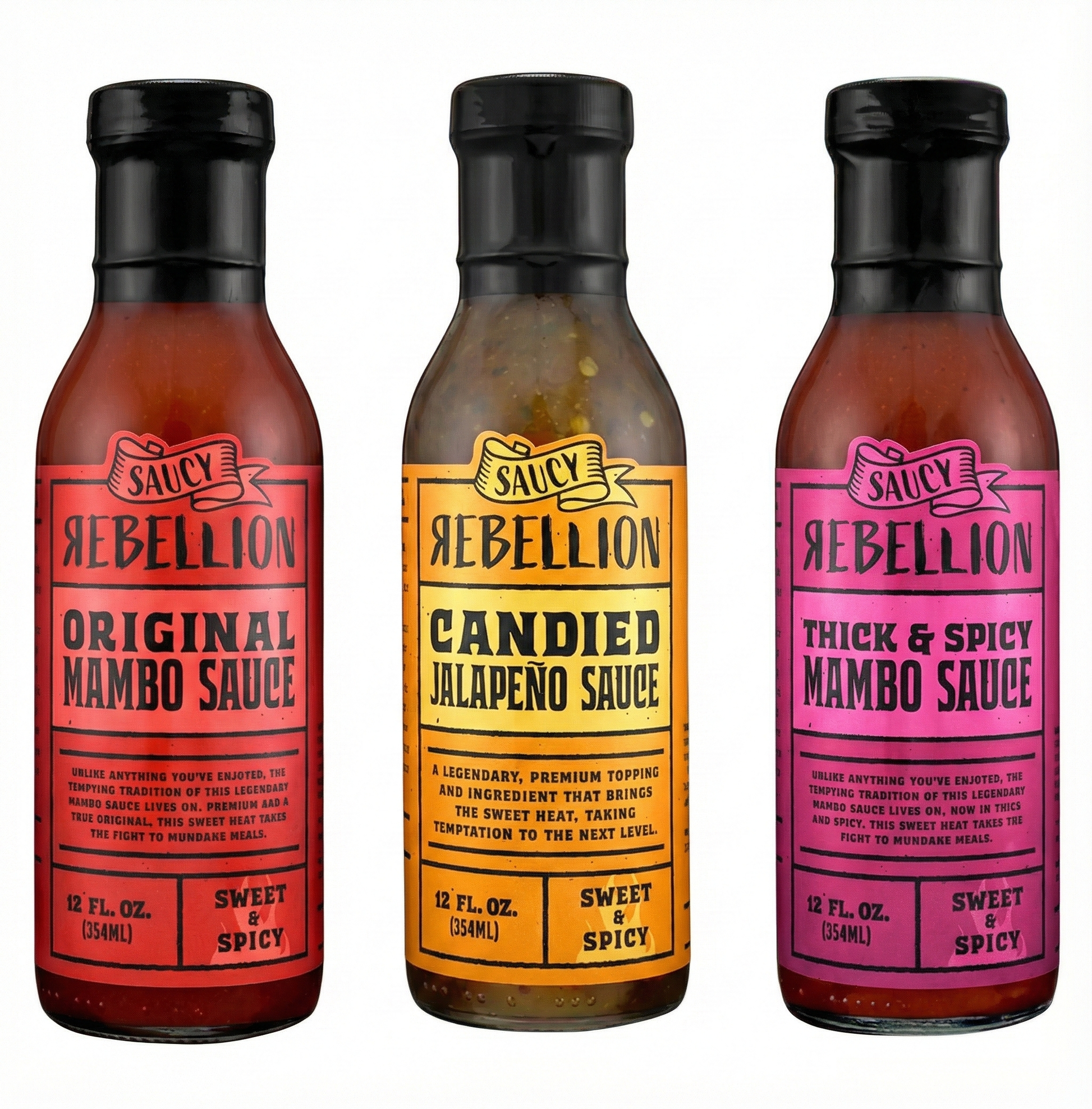 Three bottles of 'Saucy Rebellion' sauces with colorful labels on a white background.