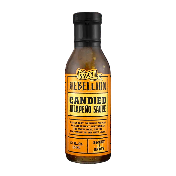 Bottle of Rebellion Candied Jalapeno Sauce on a white background