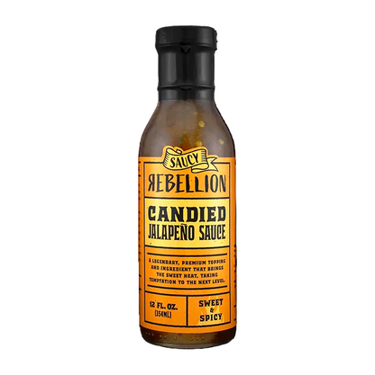 Bottle of Rebellion Candied Jalapeno Sauce on a white background
