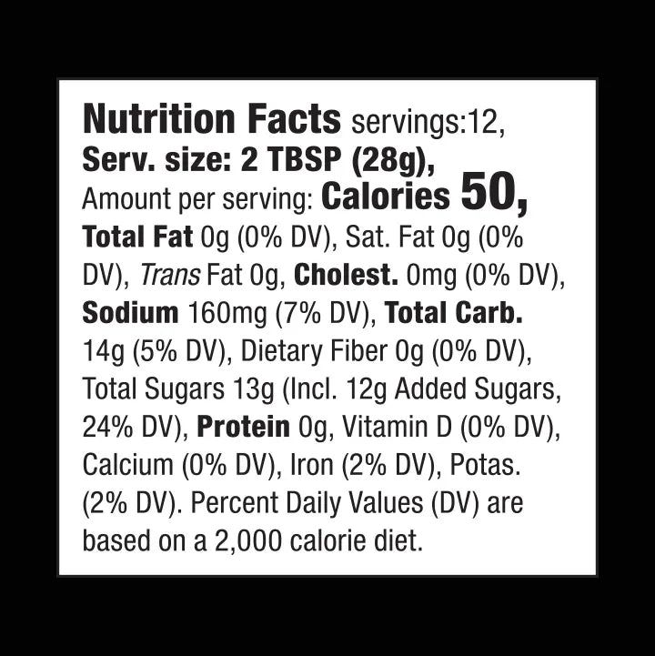 Nutrition facts label for Saucy Rebellion Thick and Spicy Mambo Sauce with detailed information on calories, fat, sodium, and carbohydrates.