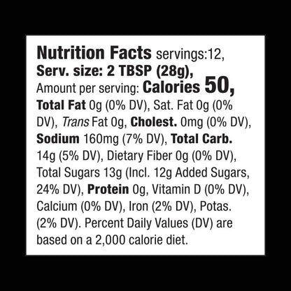 Nutrition facts label for Saucy Rebellion Thick and Spicy Mambo Sauce with detailed information on calories, fat, sodium, and carbohydrates.