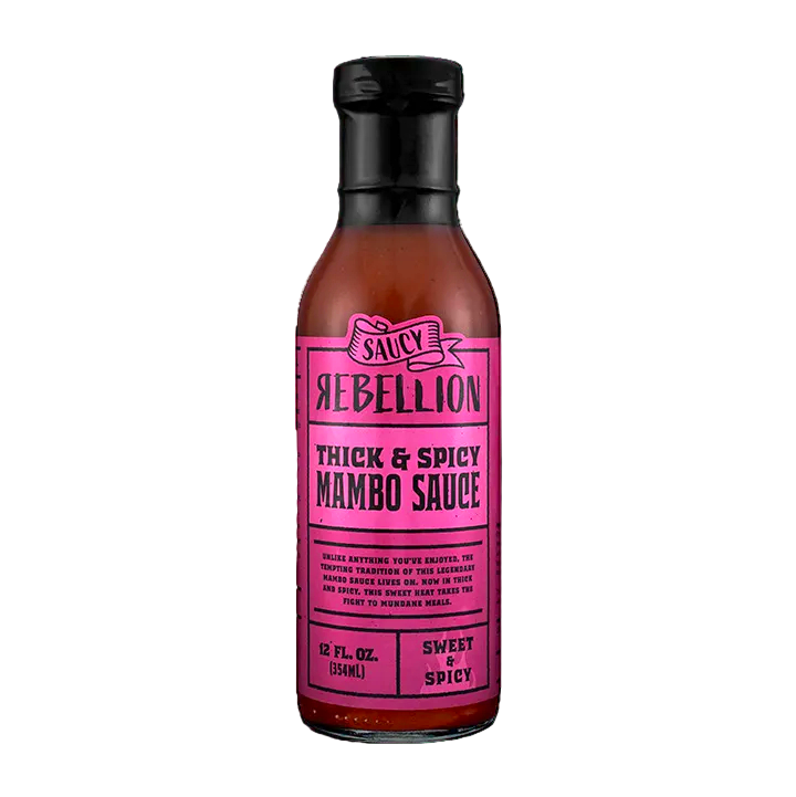 Bottle of Salvy Rebellion Thick & Spicy Mambo Sauce on a white background