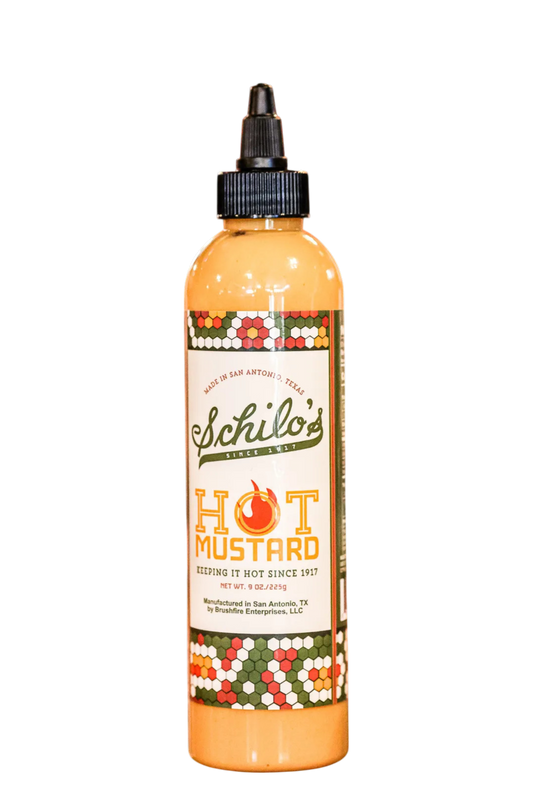 Schilo's Hot Mustard bottle on a white background