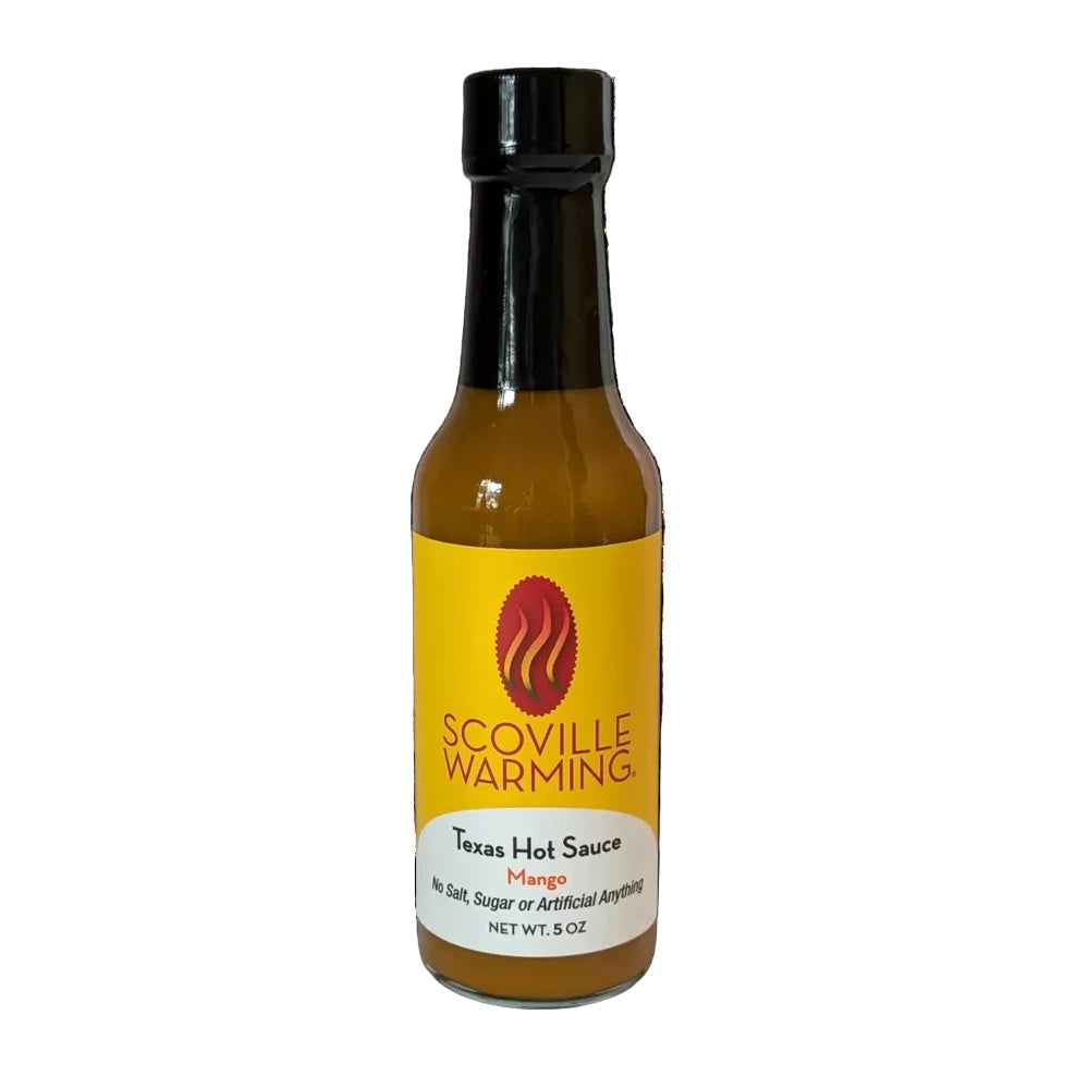 Bottle of Scoville Warming Texas Hot Sauce with a yellow label on a white background
