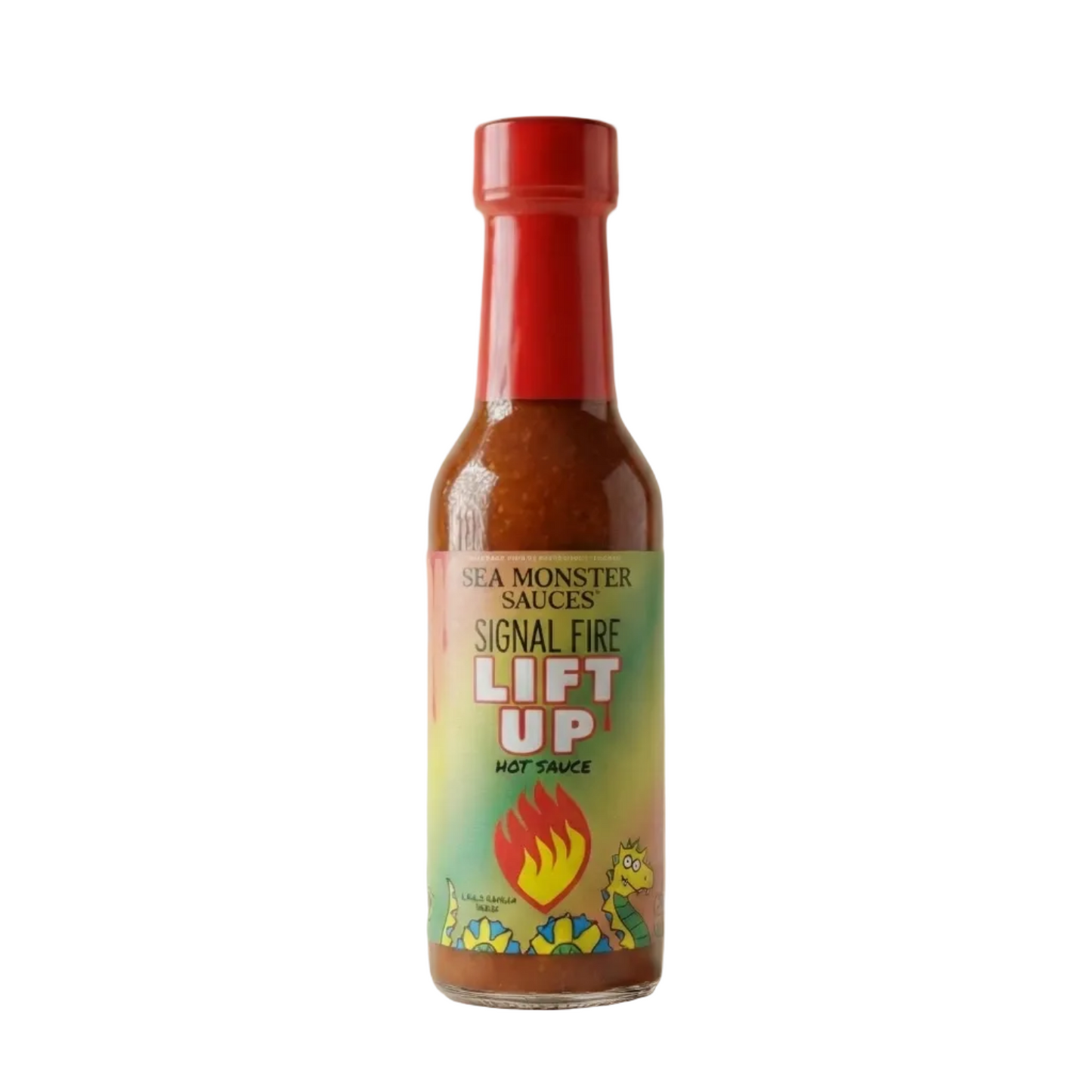 Sea Monster Hot sauce bottle with red cap and colorful label on a white background