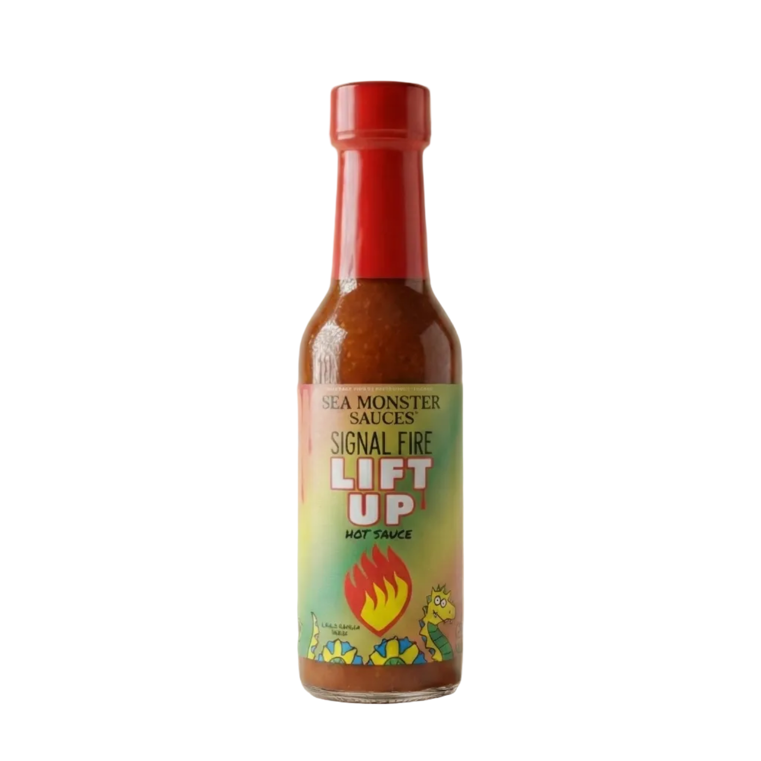 Sea Monster Hot sauce bottle with red cap and colorful label on a white background