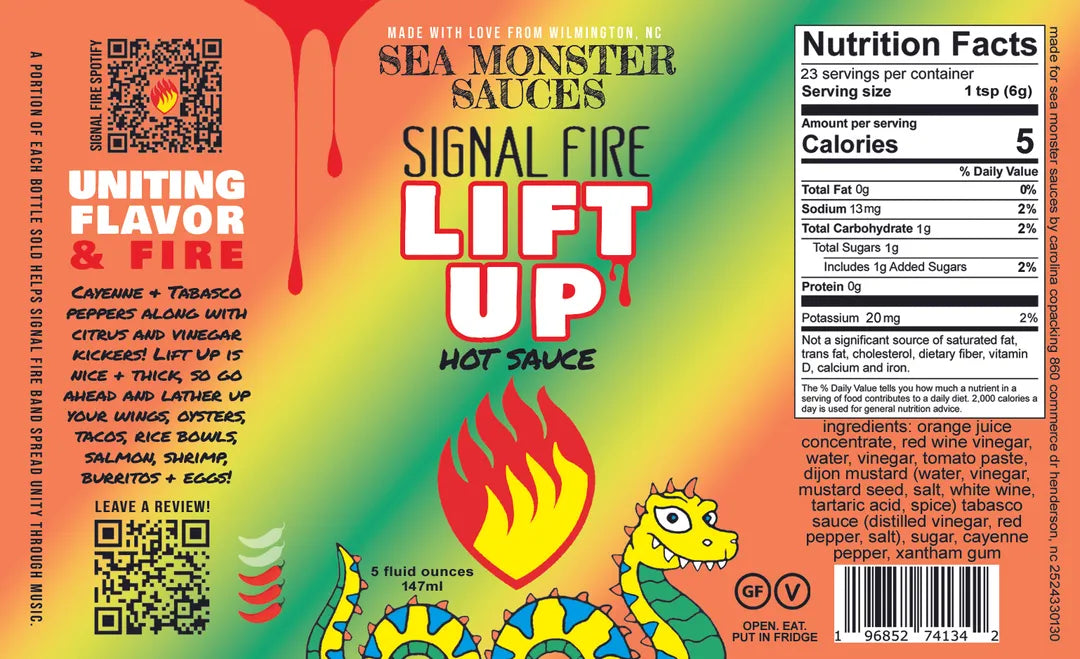 Hot sauce label with colorful design, dragon illustration, and nutritional information.
