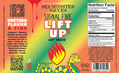 Hot sauce label with colorful design, dragon illustration, and nutritional information.