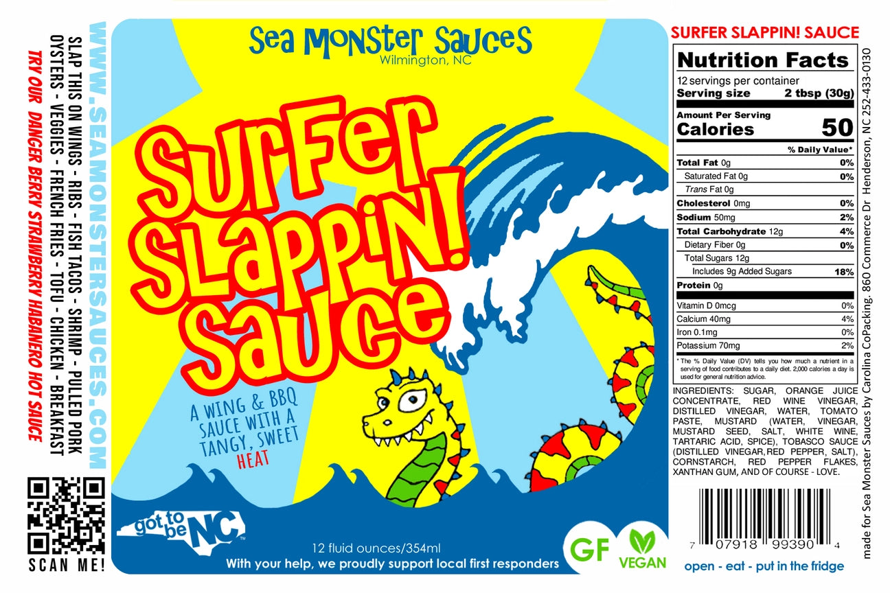 Label of Sea Monster Sauces Surfer Slappin' Sauce with cartoon sea monster design.