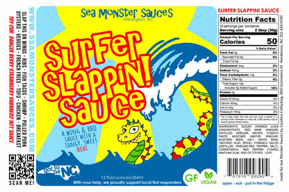 Label of Sea Monster Sauces Surfer Slappin' Sauce with cartoon sea monster design.