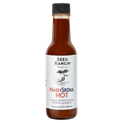 Bottle of Seed Ranch NashSeoul Hot  sauce on a white background