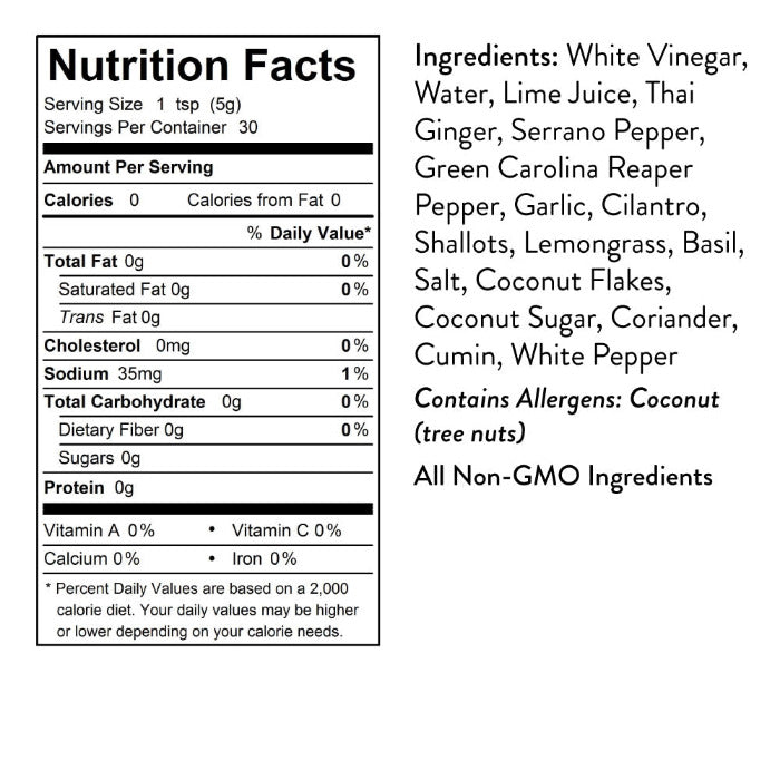Nutrition facts label with ingredients list for Seed Ranch Hot Thia Green Hot Sauce