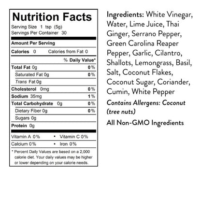Nutrition facts label with ingredients list for Seed Ranch Hot Thia Green Hot Sauce