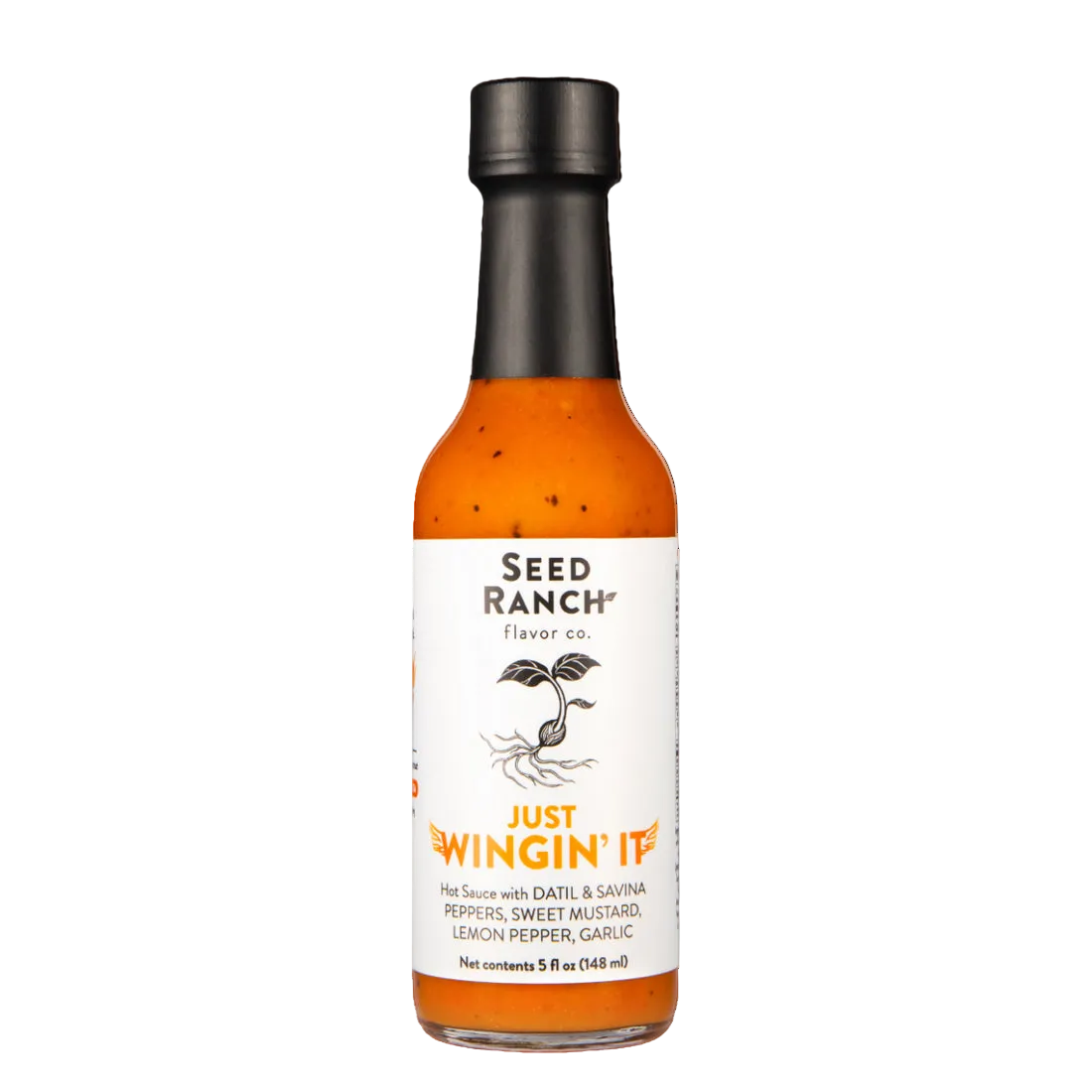 Bottle of Seed Ranch 'Just Wingin' It' hot sauce on a white background