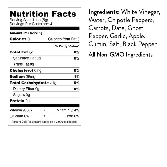 Seed Ranch Smoky Ghost hot sauce Nutrition facts label with ingredients