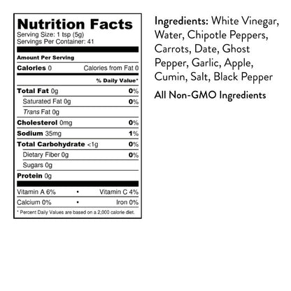 Seed Ranch Smoky Ghost hot sauce Nutrition facts label with ingredients