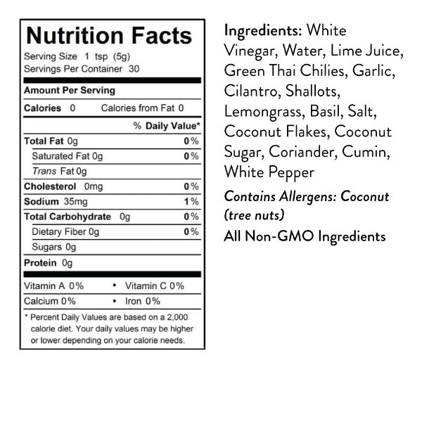 Seed Ranch Nutrition facts label and ingredients list for Thai Green Hot Sauce