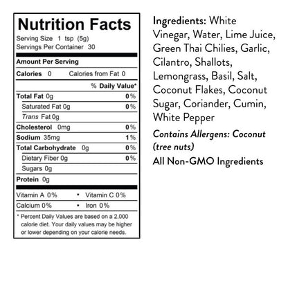Seed Ranch Nutrition facts label and ingredients list for Thai Green Hot Sauce