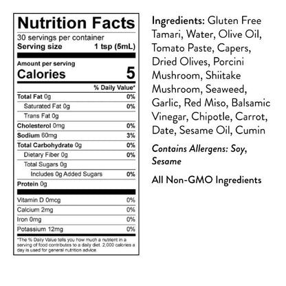 Nutrition facts label and ingredients for Umami Hot Sauce