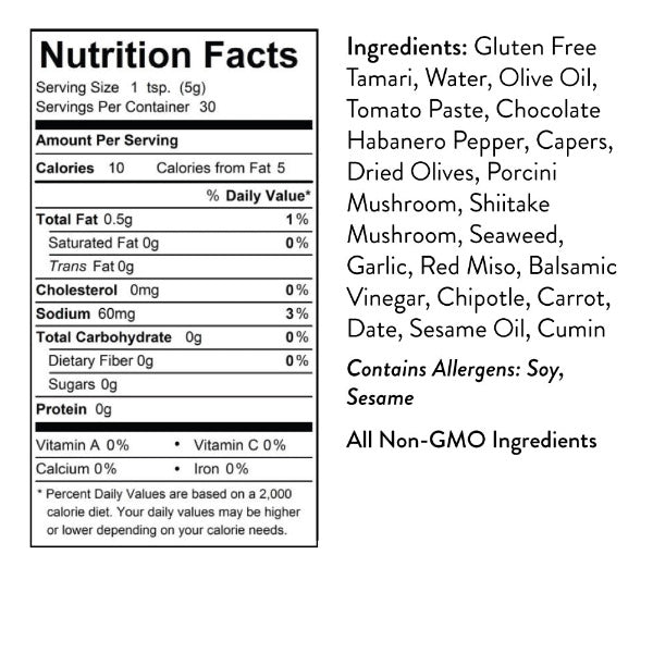 Nutrition facts label for Seed Ranch Co Umami Reserve hot sauce and ingredients list 