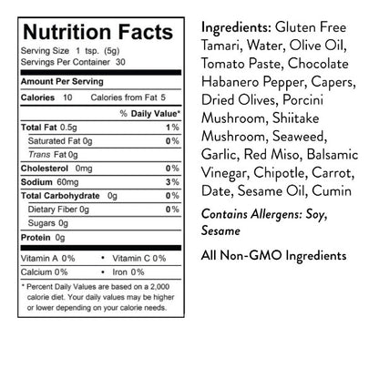 Nutrition facts label for Seed Ranch Co Umami Reserve hot sauce and ingredients list 