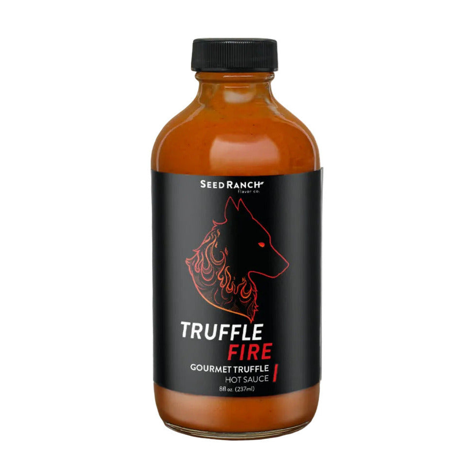 Bottle of Seed Ranch Truffle Fire hot sauce on a white background